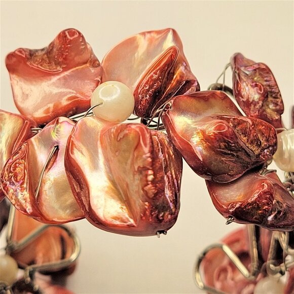 Wine Red Shell White Pearls Adjustable Cuff Bracelet Bangle - NEW - Picture 2 of 16